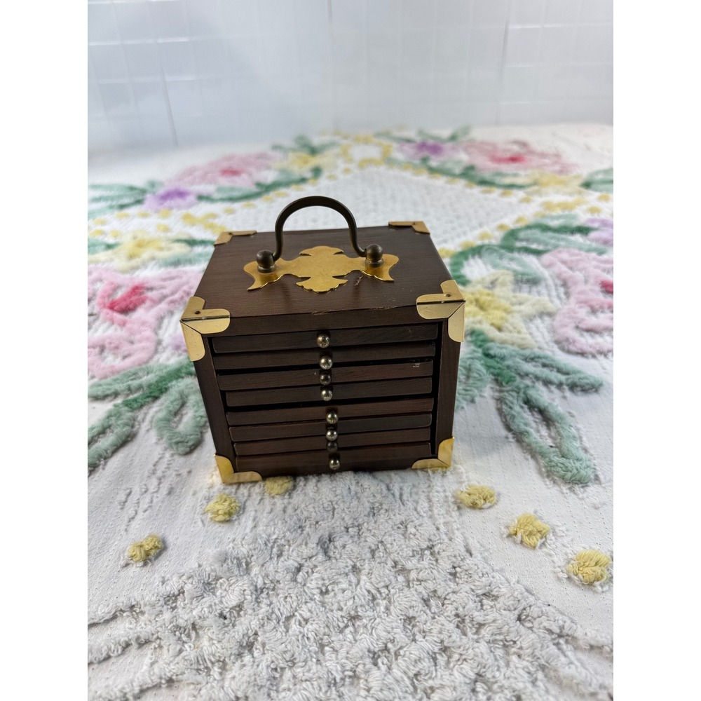 Vintage Gourmet Royale Ltd Wood Coaster Set 6 Piece Brass Trim Storage Box